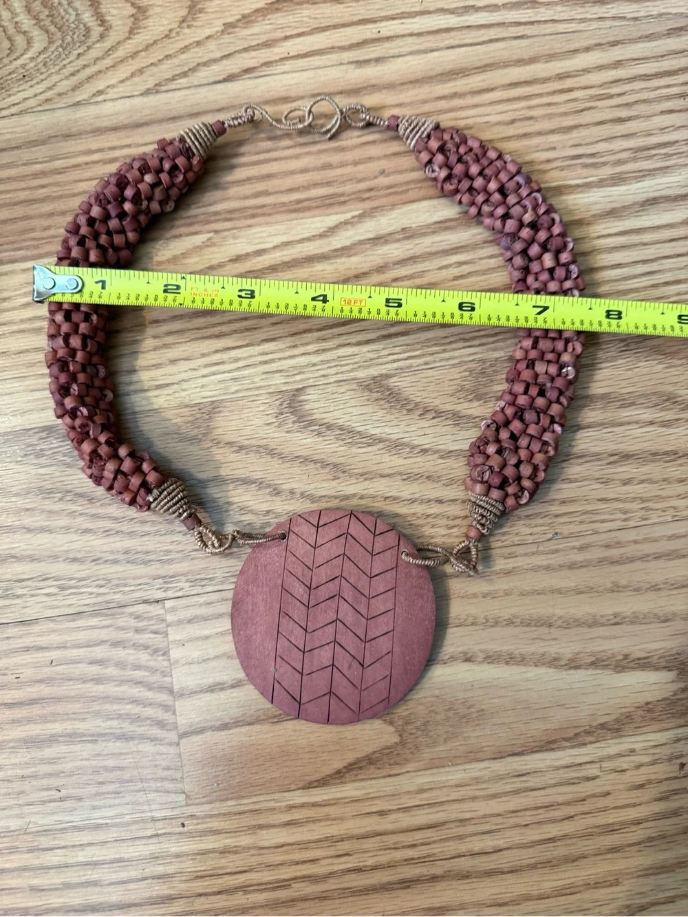 Handmade natural all wooden bead and pendent necklace with wire @ jute clasp.
